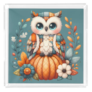 Patchwork Owl on Pumpkin — Cottagecore Fall Acrylic Tray