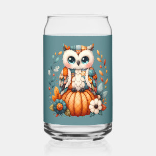 Patchwork Owl on Pumpkin — Cottagecore Fall Can Glass