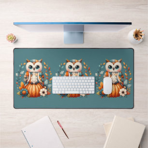 Patchwork Owl on Pumpkin — Cottagecore Fall Desk Mat
