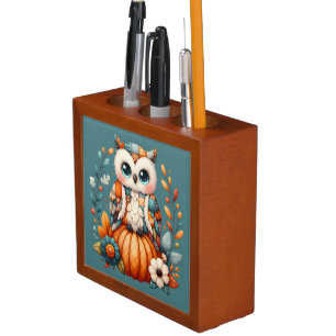 Patchwork Owl on Pumpkin — Cottagecore Fall Desk Organizer