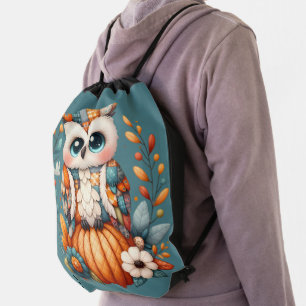 Patchwork Owl on Pumpkin — Cottagecore Fall Drawstring Bag