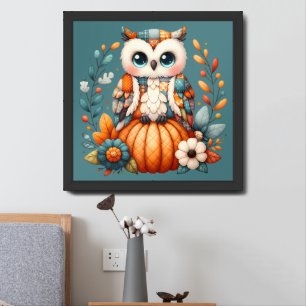 Patchwork Owl on Pumpkin — Cottagecore Fall Framed Art