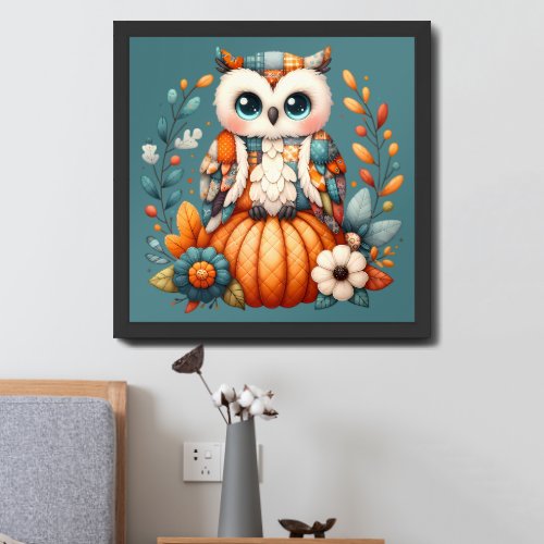 Patchwork Owl on Pumpkin — Cottagecore Fall Framed Art