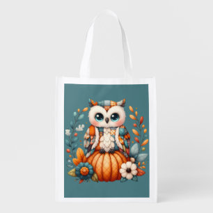 Patchwork Owl on Pumpkin — Cottagecore Fall Grocery Bag