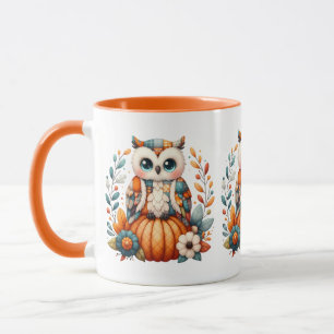 Patchwork Owl on Pumpkin — Cottagecore Fall Mug