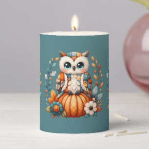 Patchwork Owl on Pumpkin — Cottagecore Fall Pillar Candle