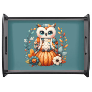 Patchwork Owl on Pumpkin — Cottagecore Fall Serving Tray