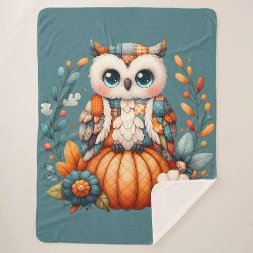 Patchwork Owl on Pumpkin — Cottagecore Fall Sherpa Blanket