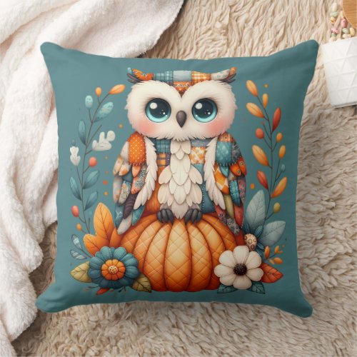 Patchwork Owl on Pumpkin — Cottagecore Fall Throw Pillow