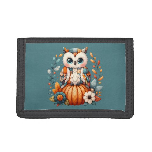 Patchwork Owl on Pumpkin — Cottagecore Fall Trifold Wallet