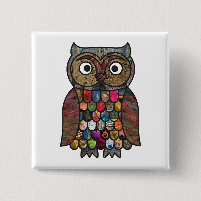 Patchwork Owl Square Badge Button (Front)