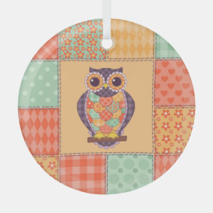 Patchwork Owl Vintage Seamless Pattern Glass Ornament