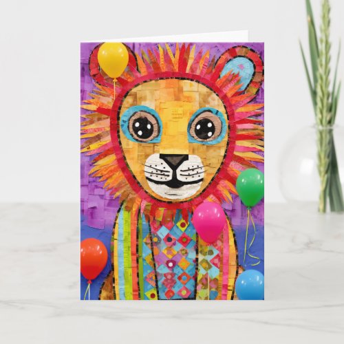 Patchwork Party Lion Cute Kids Birthday Card