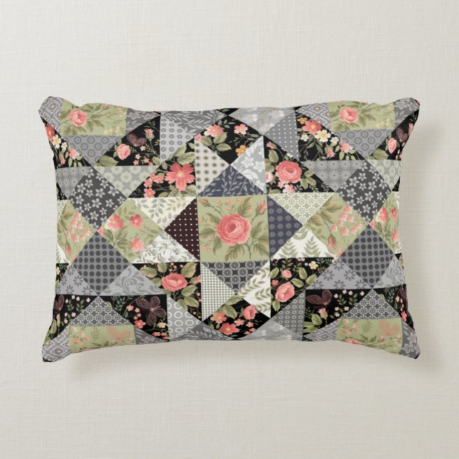 Patchwork Pattern Butterflies Flowers Foliage Rose Accent Pillow (Front)