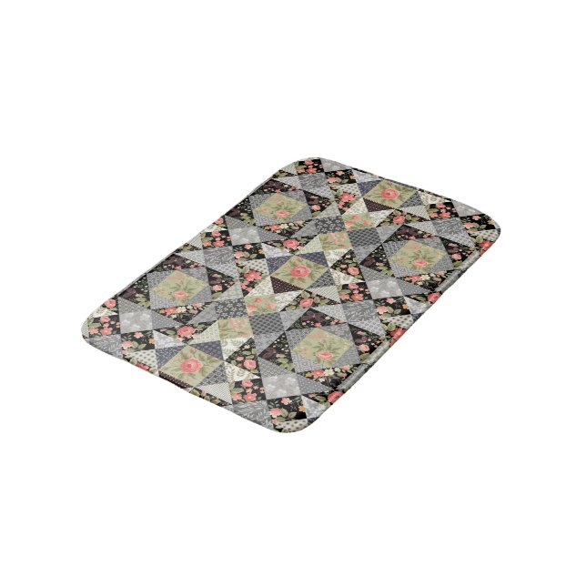 Patchwork Pattern Butterflies Flowers Foliage Rose Bath Mat (Angled)