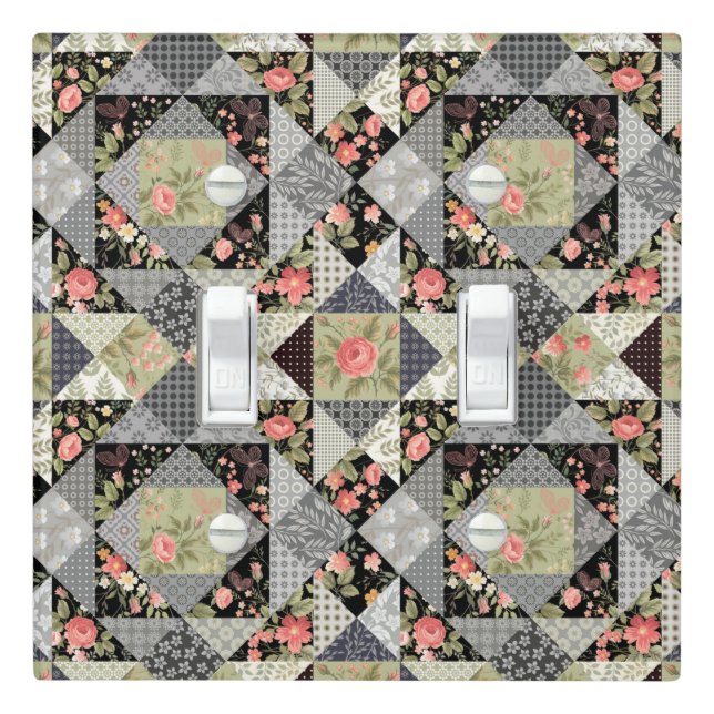 Patchwork Pattern Butterflies Flowers Foliage Rose Light Switch Cover (In Situ)