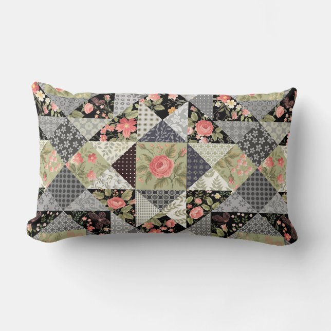 Patchwork Pattern Butterflies Flowers Foliage Rose Lumbar Pillow (Front)