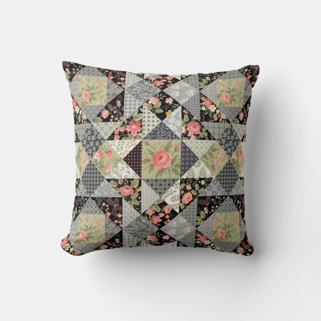 Patchwork Pattern Butterflies Flowers Foliage Rose Throw Pillow (Front)