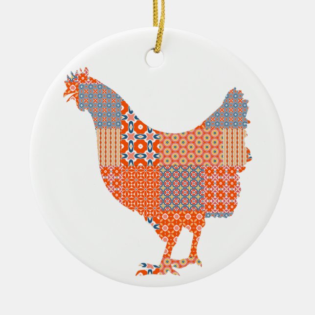 Patchwork Pattern Chicken Farm Animal Ceramic Ornament (Front)