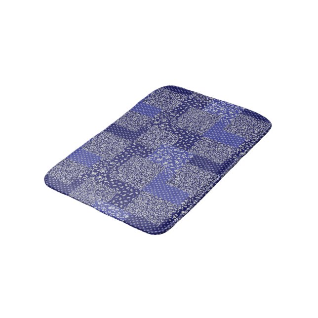 Patchwork Pattern Chintz Shades of Blue Polka Dot  Bath Mat (Angled)