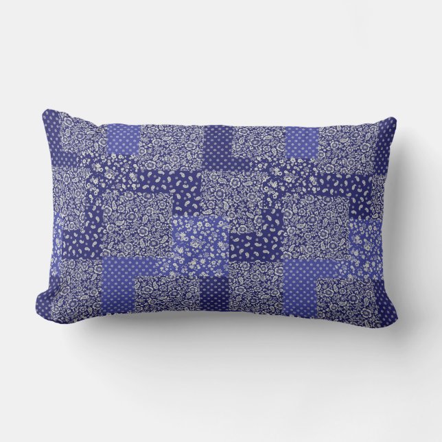 Patchwork Pattern Chintz Shades of Blue Polka Dot Lumbar Pillow (Front)