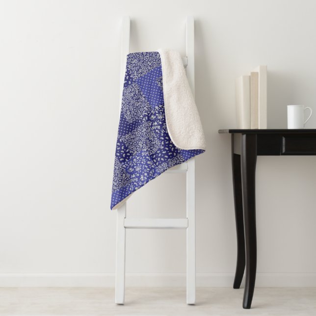 Patchwork Pattern Chintz Shades of Blue Polka Dot  Sherpa Blanket (In Situ)