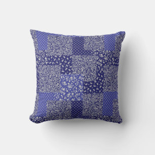 Patchwork Pattern Chintz Shades of Blue Polka Dot  Throw Pillow