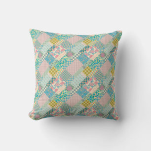 Patchwork Pattern Flowers Plaid Rectangle Pink Throw Pillow