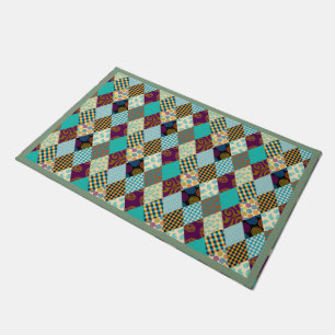 Patchwork Pattern Geometric Plaid Blue Purple Dots Doormat