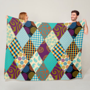 Patchwork Pattern Geometric Plaid Blue Purple Dots Fleece Blanket