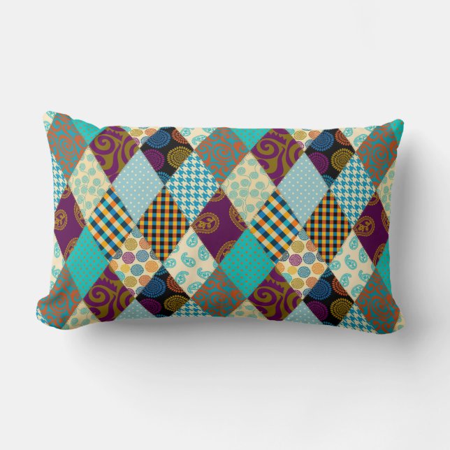 Patchwork Pattern Geometric Plaid Blue Purple Dots Lumbar Pillow (Front)