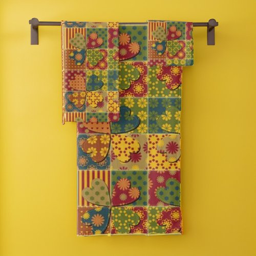 Patchwork Pattern Heart Button Stripe Green Yellow Bath Towel Set