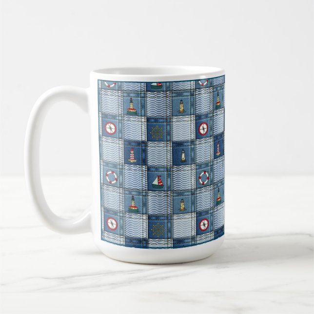 Patchwork Pattern with Marine Theme Lifebuoy Ancho Coffee Mug (Left)