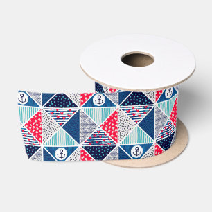 Patchwork Pattern with Nautical Element Polka Dot Satin Ribbon