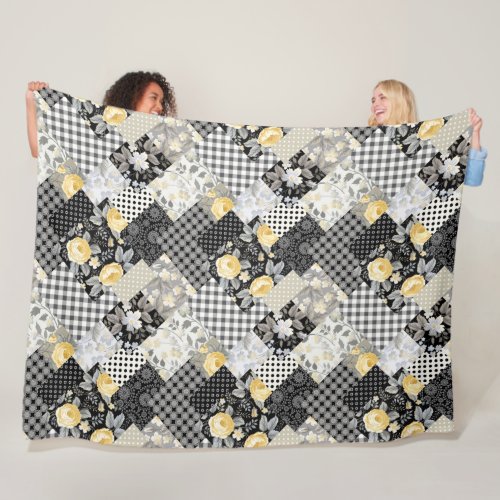 Patchwork Pattern with Stripes and Yellow Roses Fleece Blanket