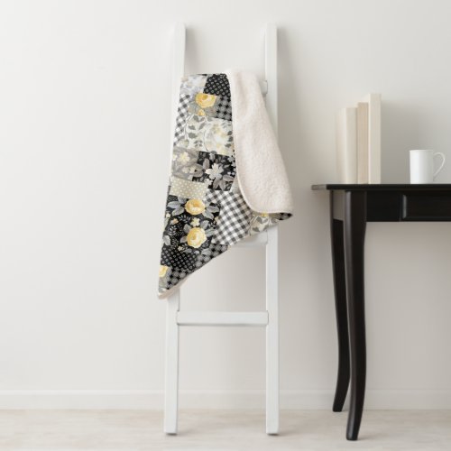 Patchwork Pattern with Stripes and Yellow Roses  Sherpa Blanket