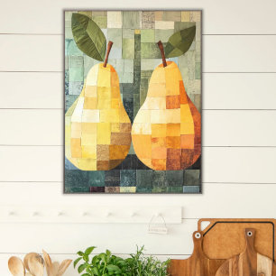 Patchwork Pears Kitchen Art Green & Orange Tones Canvas Print