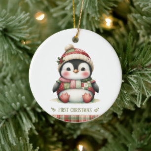 Patchwork Penguin First Christmas Keepsake Photo Ceramic Ornament