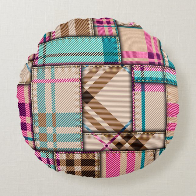 Patchwork Plaid, Vintage Seamless Background. Round Pillow (Front)