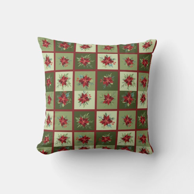 Patchwork Poinsettias T-Shirt Throw Pillow (Front)