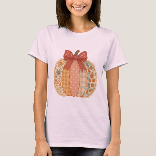 Patchwork Pumpkin with Bow – Cozy Autumn Gingham  T-Shirt (Front)