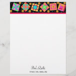 Patchwork Quilt Blocks Black Custom Stationery<br><div class="desc">Original quilt art combines favorite quilt blocks plus unique blocks in vibrant and dynamic colors on a black background on white letterhead. This letterhead stationery is perfect to showcase your quilt business. The design features pinwheel, log cabin, star and applique patchwork blocks in bright colors of turquoise blue, red, orange,...</div>