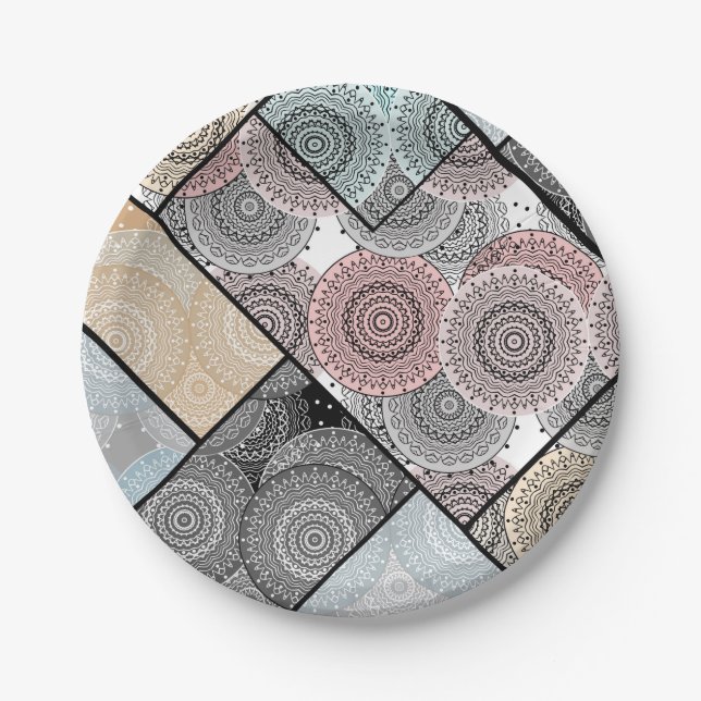 Patchwork quilt ceramic tile circles mandala paste paper plates (Front)