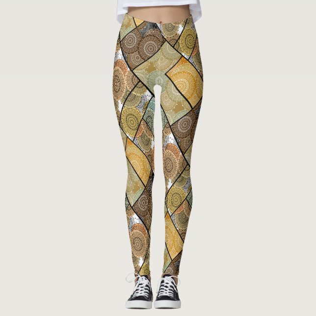 Patchwork quilt ceramic tile circles mandala patch leggings (Front)
