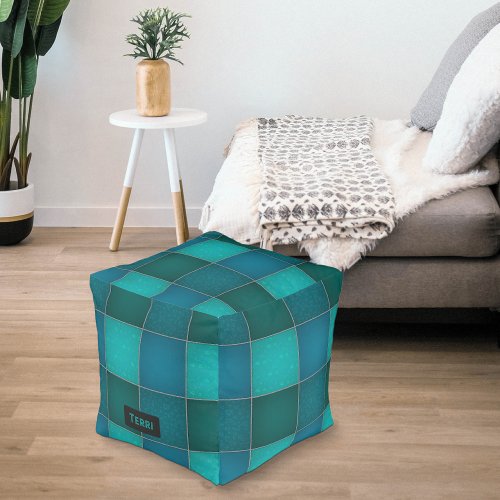 Patchwork Quilt Effect _ Teal _ Stitched Name Look Pouf