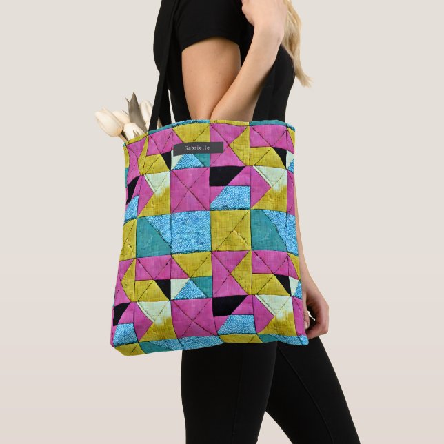 Patchwork Quilt Inspired Boho Trompe L'oeil Tote Bag (Close Up)