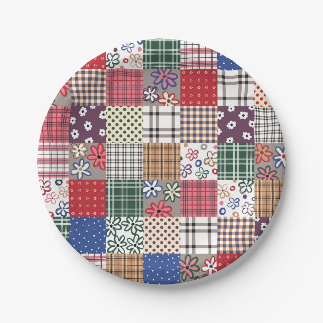 Patchwork Quilt Multicolored Gingham Paper Plates (Front)