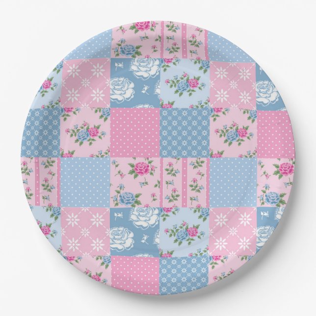 Patchwork Quilt Multicolored Gingham Paper Plates (Front)