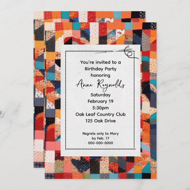Patchwork Quilt Pattern With Needle Birthday Party Invitation (Front/Back)