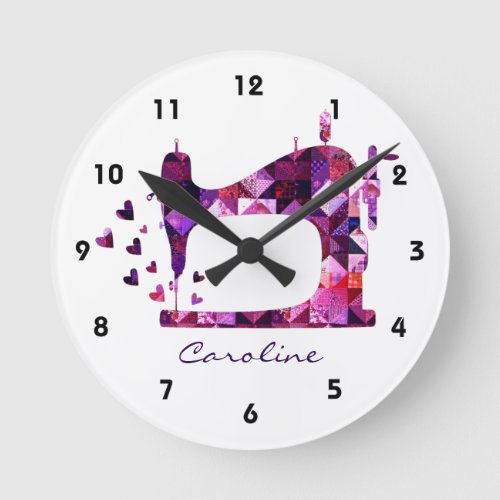 Patchwork Quilt Purple Sewing Machine Wall Clock